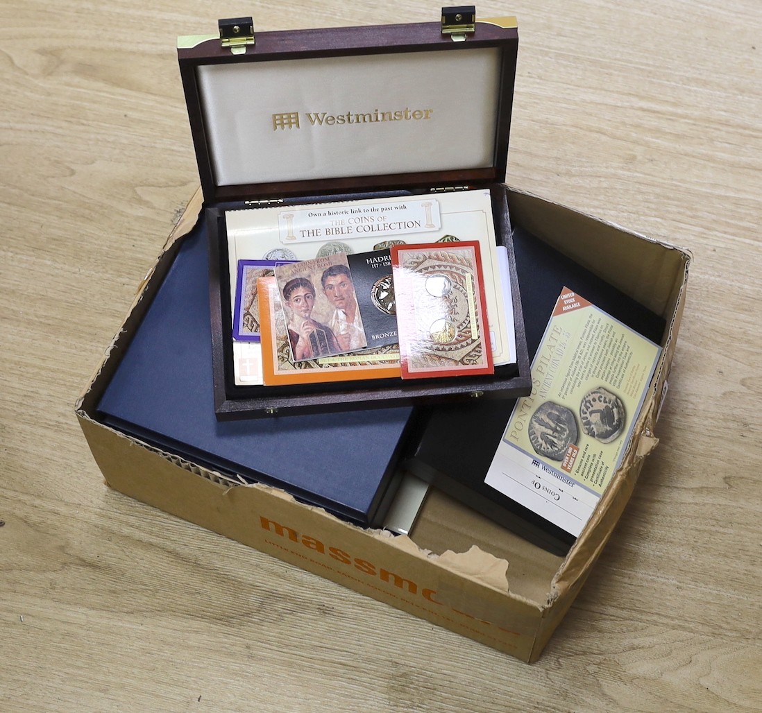 Westminster Collection cased coins to include - Festival of Britain and End of World War II coin and stamp collections, twelve UK commemorative 50p, Heritage proof ‘gold’ collection, a century of British coinage set, fiv